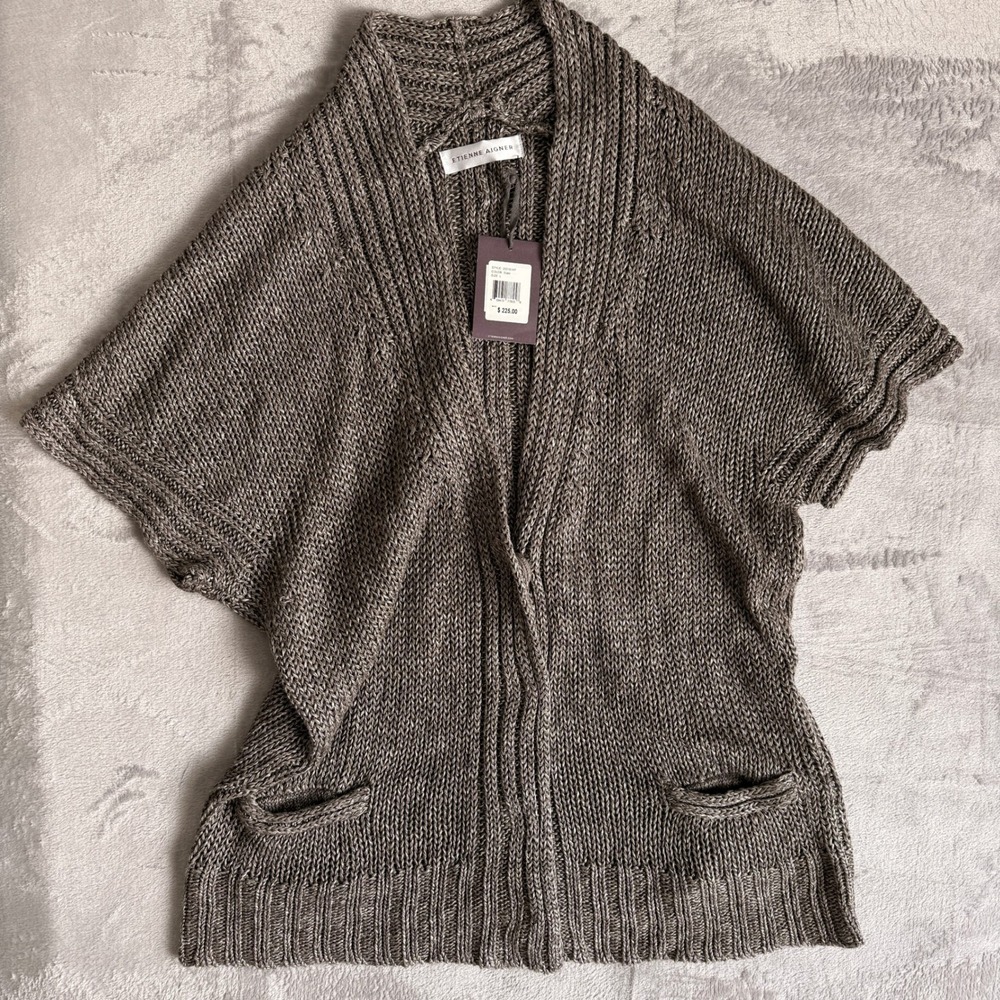 ETIENNE AIGNER 100% Linen Knit Oversized Open Front Cardigan Sweater Size L NWT